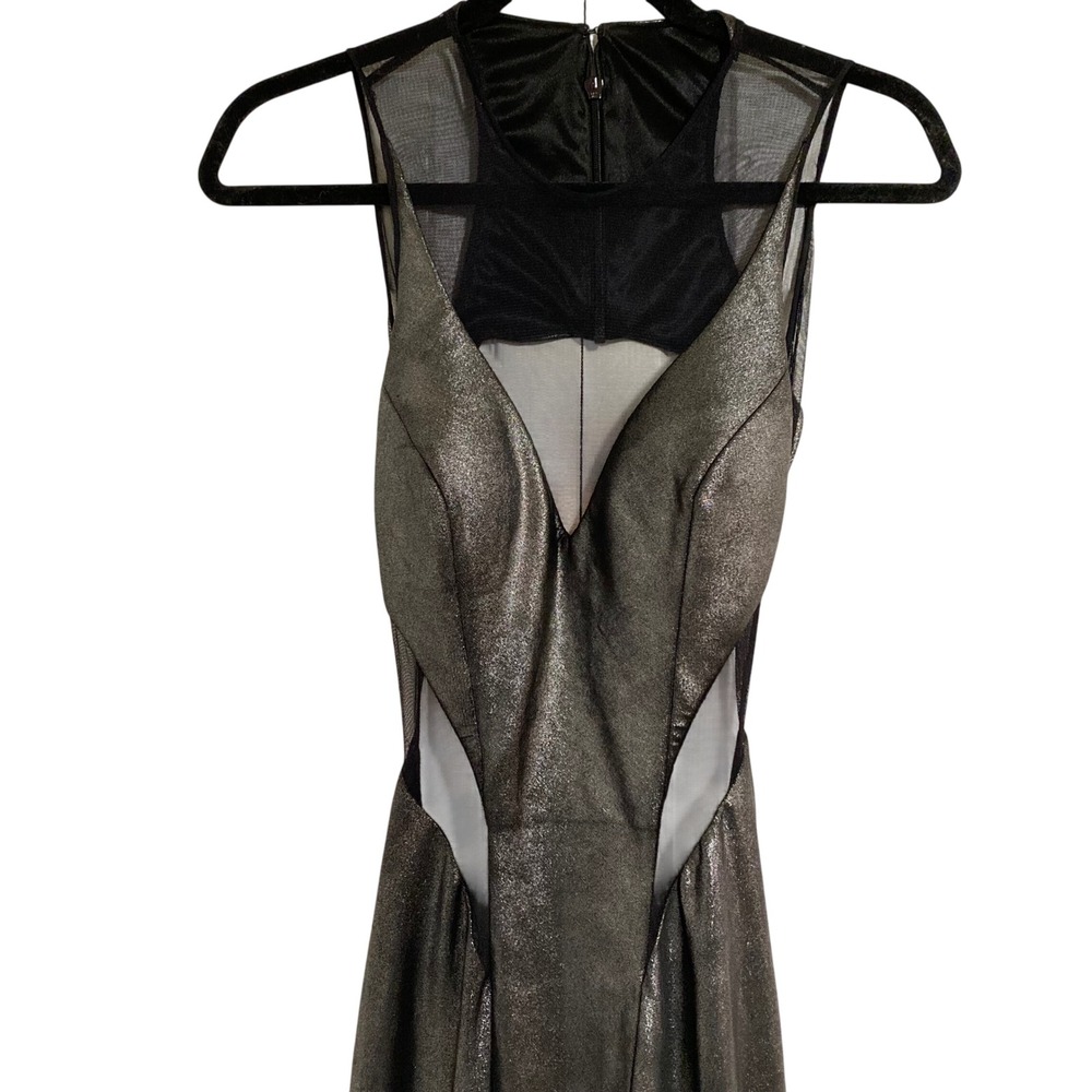 Faviana Metallic Glam Mesh Cutout Gown Womens 10 Pewter Formal Dress - Picture 3 of 9